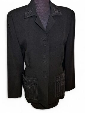 VTG 80s Zelda Blazer SZ 6 Black Suit Coat Modern Crepe Beaded Embroidered Collar